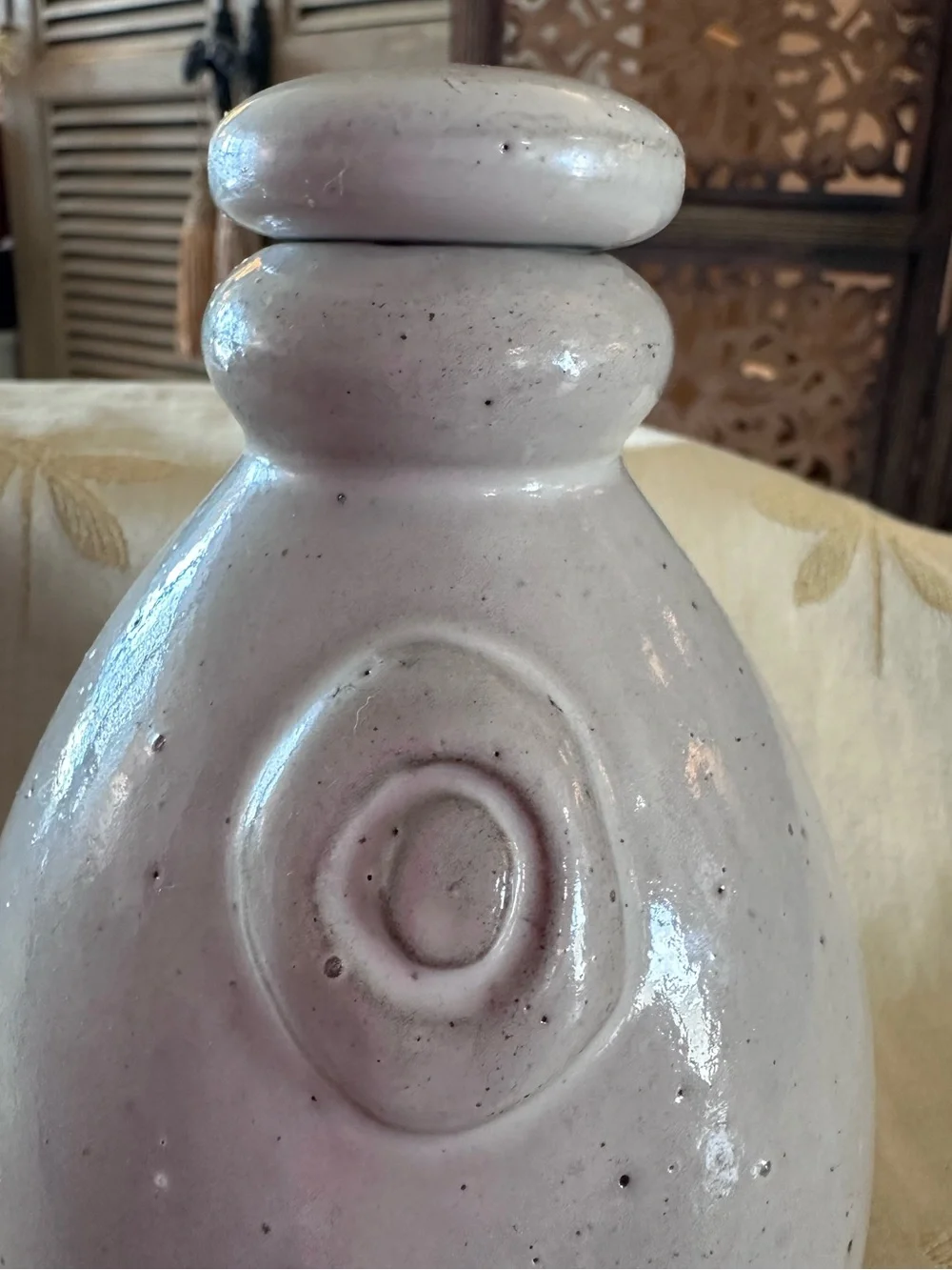 Crate & Barrel Grayish White Speckled Glazed Ceramic Stoneware Olive Oil Cruet.